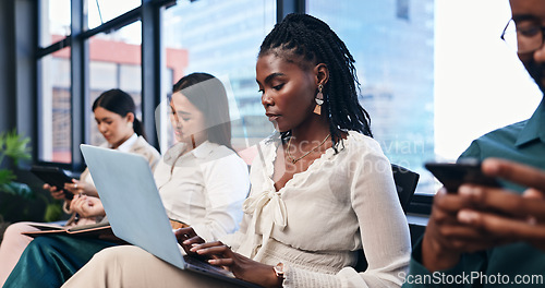 Image of Laptop, typing and black woman employee in workshop or seminar for growth, training and development. Computer, learning and upskill with tech business person in office for education conference