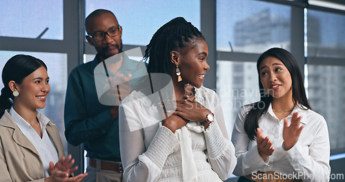 Image of Business people, team and applause for success on partnership, onboarding and promotion with support. Celebration, employees and clapping hands for welcome, thank you and agreement on contract deal