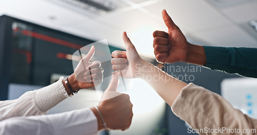 Image of Hands, thumbs up and group of business people for success, agreement or deal achievement at office. Teamwork, yes sign and OK emoji for winning, synergy or solidarity at startup with employee support