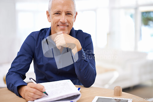 Image of Portrait, notebook and senior man with tablet in home office for remote work, writing or note research. Digital, search and face of happy elderly project manager with pen, reminder or schedule ideas