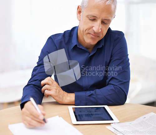 Image of Notebook, writing and mature businessman with tablet screen in home office for graph, chart or data analysis, research or statistics. Finance, freelance or male accountant with digital, budget or app