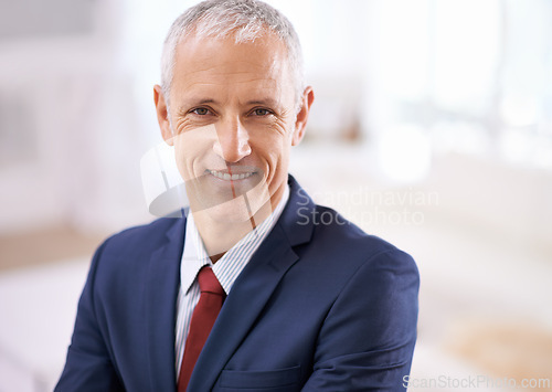 Image of Smile, portrait and mature businessman, boss or senior manager at corporate startup office. Relax, confidence and happy face of business owner, CEO or entrepreneur at professional agency with pride