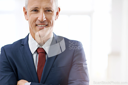 Image of Crossed arms, business and portrait of senior man with confidence for career, job and working. Professional office, startup agency and person with team for company pride, smile and positive attitude