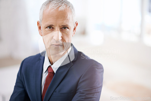 Image of Office, portrait and mature businessman, ceo or senior manager at corporate startup with mockup. Trust, confidence and face of business owner, boss or entrepreneur at professional agency with pride