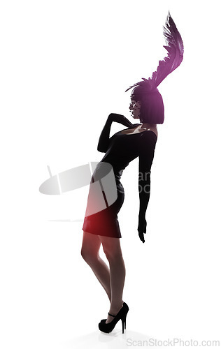 Image of Woman, feather and head for fashion in studio for fantasy or magic with unique creativity for art or illusion. Female person, isolated and white background for designer clothes, diva and surreal