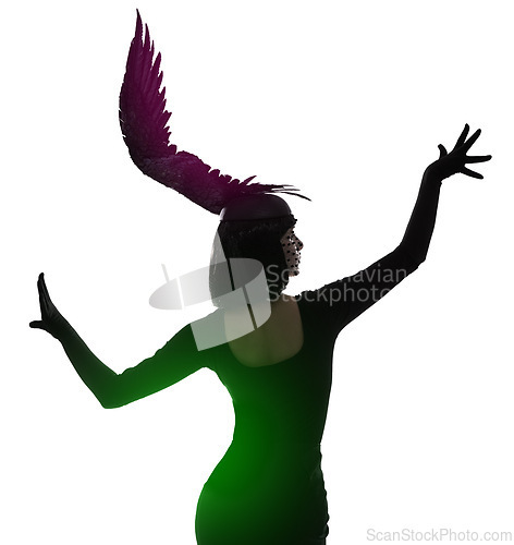Image of Woman, feather and head for fashion in studio for fantasy or magic with unique creativity for art or illusion. Female person, isolated and white background for designer clothes, diva and surreal