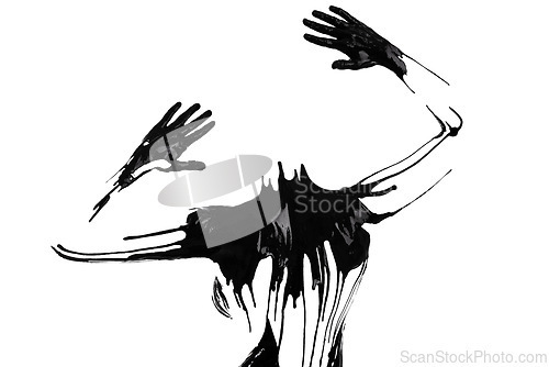 Image of Studio, figure and paint on body of person with outline of hands and human silhouette in white background. Creative, painting and texture of black ink for art or abstract character in mockup space