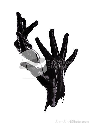 Image of Hand, paint or black in pollution, art or abstract as symbol of oil spill in monochrome in studio. Fingers, liquid or gesture as still life, creativity or minimalist silhouette on white background