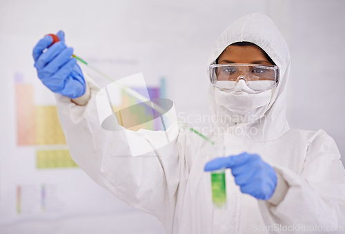 Image of Science, laboratory and scientist with sample and pipette for medical research, analysis and vaccine development. Healthcare, pharmaceutical and person with vial for medicine, experiment and study