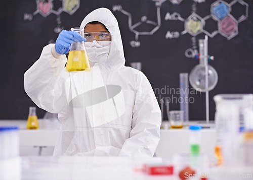 Image of Science, laboratory and scientist with sample in beaker for medical research, analysis and vaccine development. Healthcare, pharmaceutical and person with vial for medicine, experiment and study