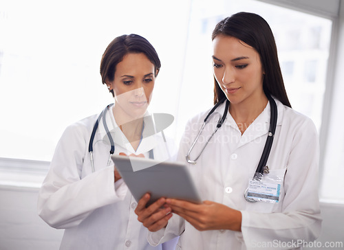 Image of Hospital, women or doctors with tablet, advice and checking results online for healthcare in lobby. Consulting, research and professional medical team on digital app for schedule, planning in clinic