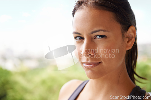 Image of Smile, fitness and portrait of woman in nature for health, wellness and body workout outdoor. Happy, sports and face of female person from Mexico in park or garden for exercise training routine.