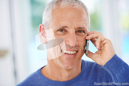 Image of Senior, man and portrait with phone call in home with laughing for funny conversation, discussion and mobile chat. Elderly, person and happy with smartphone for talking, comic joke and mockup space