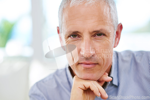 Image of Senior, man and portrait for relax on sofa with thinking, retirement and wellness in living room. Elderly, person and face with idea, confidence or problem solving in lounge of home with mockup space