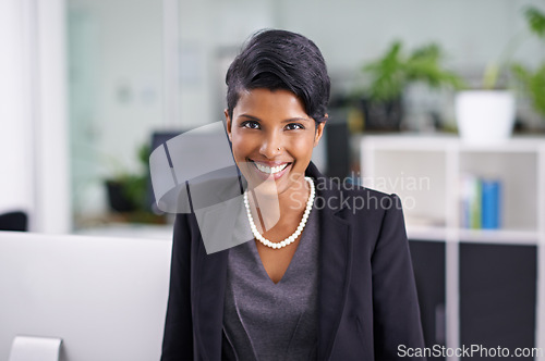 Image of Business, portrait and happy Indian woman in office with confidence, positive attitude or career pride. Face, smile and female entrepreneur at digital agency startup with ambition or optimism