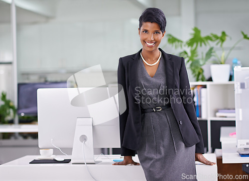 Image of Portrait, smile and corporate with black woman, professional and modern office with computer and happy agency. African person, face and employee with pc and PR consultant with startup and confidence