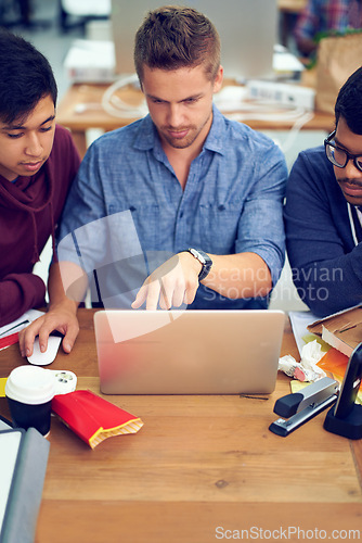 Image of Business team, men and laptop on lunch with discussion for deadline, pointing and coworking company. Programmer, collaboration and working on project with fast food, planning and software development