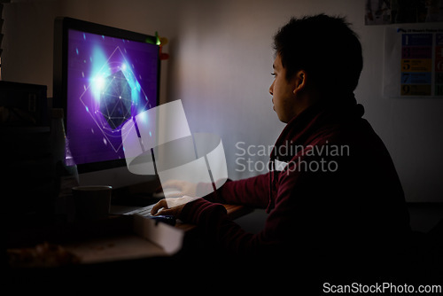 Image of Night, gamer and man with computer, geek and typing with esports and graphic designer with nerd and dark room. Person, home and guy with pc or online competition with tech or rpg player with internet