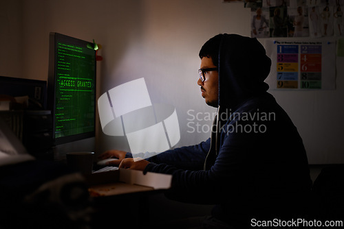 Image of Programming, computer and man with hacker, night or cyber security with online database, malware or password phising. Person, IT programmer or ransomware developer with pc or website server with code