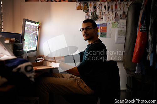 Image of Portrait, computer and gamer man in bedroom of home for online multiplayer gaming at night. Internet, screen and technology with confident young person in apartment for competitive esports game