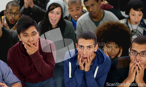 Image of Surprised, portrait and group of friends with shock for news or announcement, top view and mouth open. People, wow for gossip or rumor with diversity, speechless and whisper or unexpected alert