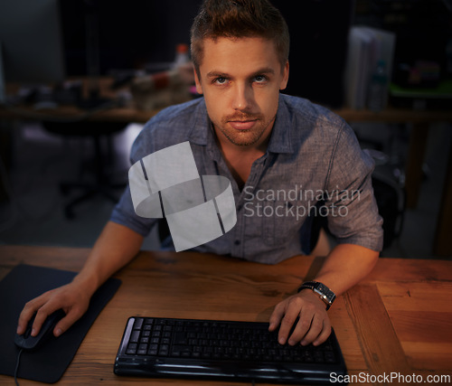 Image of Man, face and keyboard for code, programmer and information technology with video game or software development. Internet, computer programming and network, gamer or developer for cyber security