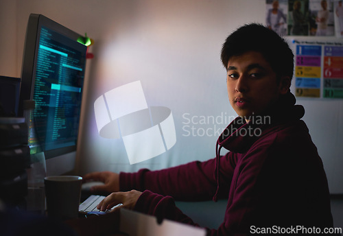 Image of Night, portrait and man with computer for coding systems or designing software, cybersecurity and developer for company. Male person, programming or cloud engineer and malware with display of script