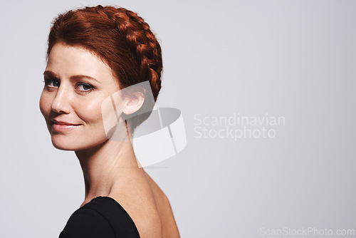 Image of Woman, hair and portrait with braid crown for beauty, elegant hairstyle for glamour and redhead on white background. Haircare, shine and texture with luxury and plait, cosmetic care and mockup space