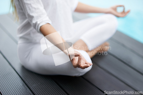 Image of Yoga, hands and woman in lotus pose for exercise outdoor for spiritual, mental and body wellness on patio. Balance, meditation and closeup of female person with pilates workout for peace, calm or zen