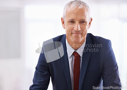 Image of Smile, face and mature businessman, ceo or senior manager at corporate startup office with mockup. Relax, confidence and business owner, boss or happy entrepreneur at professional agency with pride