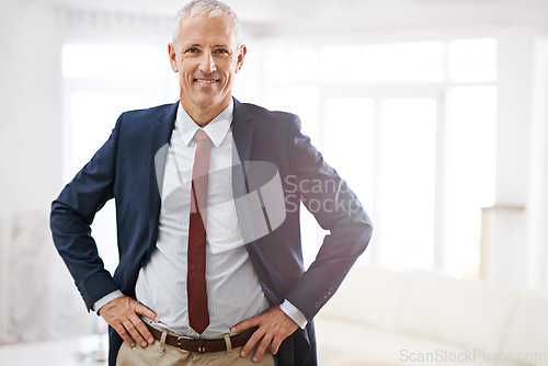 Image of Office, portrait and mature businessman, confident ceo or senior manager at corporate startup. Smile, mockup and happy face of business owner, boss or entrepreneur at professional agency with pride