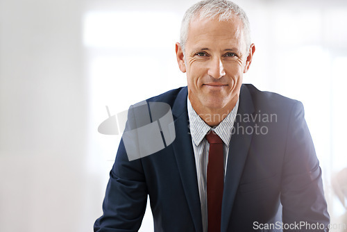 Image of Mockup, portrait and mature businessman, happy ceo or senior manager at corporate startup office. Smile, confidence and face of business owner, boss or entrepreneur at professional agency with pride