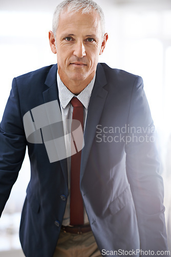 Image of Leadership, portrait and mature businessman, serious ceo or senior manager at corporate startup office. Trust, confidence and face of business owner, boss or proud entrepreneur at professional agency