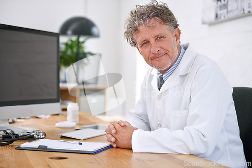 Image of Senior man, doctor and happy portrait in office for healthcare, medical support and medicine career for administration. Mature, face or health expert with confidence or smile for cardiology in clinic