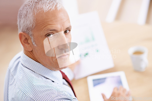 Image of Business, portrait and senior man with tablet, documents or financial, budget or savings review in office from above. Finance, paper or face of old male data analyst with digital, investment or check