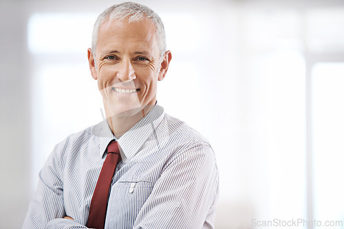 Image of Smile, portrait and mature businessman in mockup, ceo or senior manager at corporate startup office. Relax, confidence and happy business owner, boss or entrepreneur at professional agency with pride