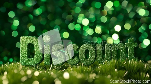 Image of Green Glossy Surface Discount concept creative horizontal art poster.