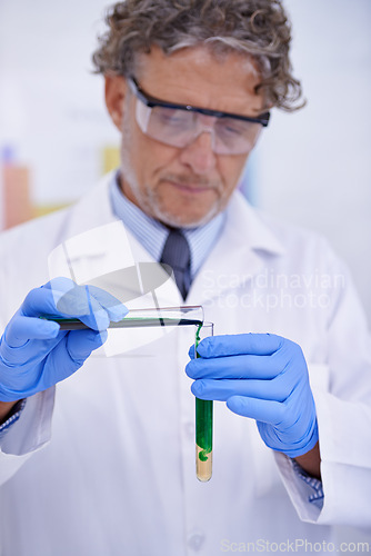 Image of Scientist, chemical and results in laboratory, healthcare facility and chemistry for medical research. Test tube, science man and male doctor with sample for analysis, dna and forensic study