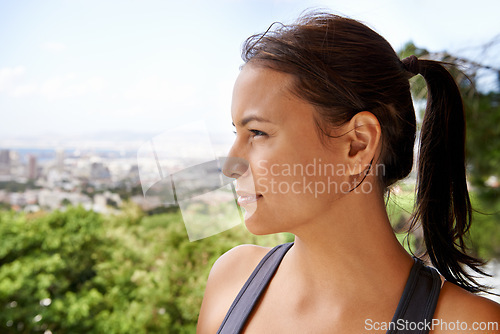 Image of Thinking, fitness and woman at park for exercise, training and idea to workout for health. Face profile, sports and person in nature for wellness, dream and serious at outdoor garden for wellbeing