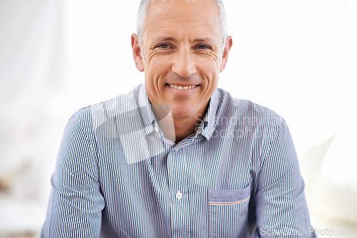 Image of Senior, happy man and portrait with positive attitude in retirement, holiday or weekend at home. Face of mature or elderly male person with smile in happiness for morning, start or day at the house