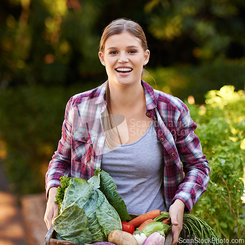 Image of Happy woman, portrait and plant harvest with vegetables, crops or resources in agriculture, growth or natural sustainability. Female person or farmer with smile and organic veg for fresh produce