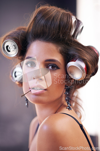 Image of Haircare, rollers and woman with glamour, portrait and creative for curling with cans for soda on head. Adult, girl and female person with confidence of style, texture and model with aesthetic