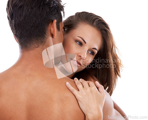 Image of Man, woman and whisper in studio for passion or bonding, close and affection with love or care for relationship. Couple, together and sensual on white background for compassion, romance and embrace.