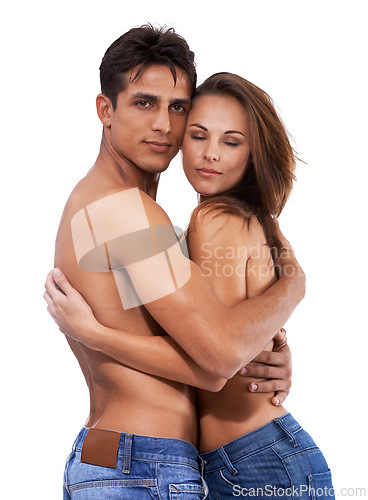 Image of Couple, hug and topless for affection in studio on white background with passionate, love and sensual together. Relationship, support and care with gentle, sexy and embrace for bonding or desire