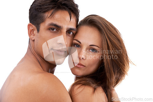 Image of Couple, hug and topless for love in studio on white background with passionate, affection and sensual together. Portrait, relationship and support with gentle, skin and embrace for bonding or desire