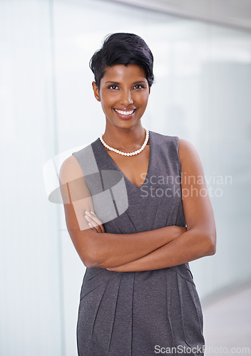 Image of Corporate, portrait and business woman, happiness and professional for working as bookkeeper. Adult, female person and Indian girl in workplace for accounting career in company, pride and confident