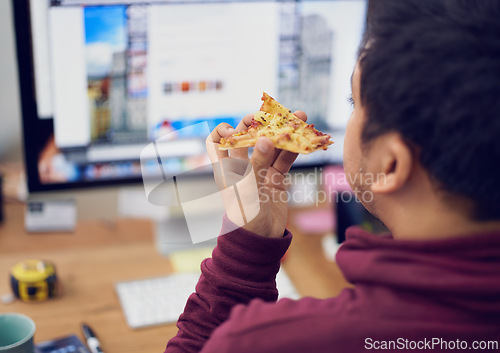 Image of Businessman, eating and lunch with computer screen in office with rear view and pizza break for working on deadline. Programmer, employee and back with fast food, coding display or hungry at desk