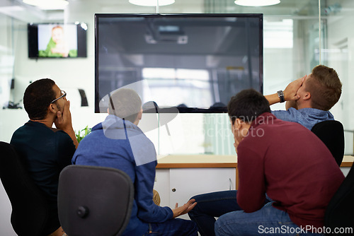 Image of Men, group and mockup with tv in office for failure with friends together for streaming entertainment. People, unhappy and frustrated emotion for blackout or power outage, screen and darkness.