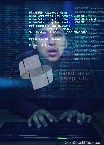 Image of Code, man and typing with with programming, holographic and hacker with industry and server. Person, dark room and keyboard with guy and holographic with software development, app and cyber security