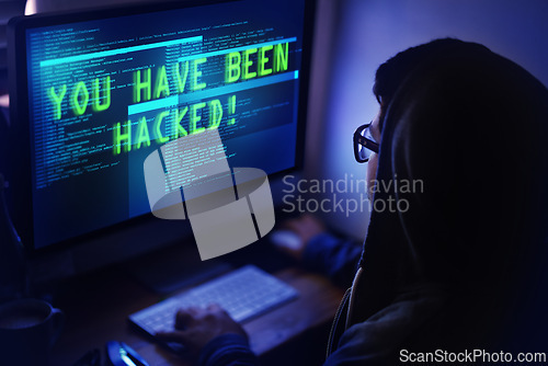 Image of Boy, night and computer screen with hacked software or virus, cybersecurity and fail of code for server. Male person, information technology and high tech system error database and cyber crime.